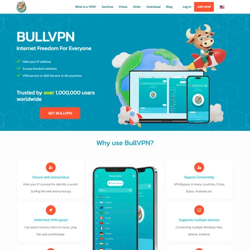 BullVPN は、IP をマスクして目的の Web サイトにアクセスできる安全な VPN サービスを提供します。 44 か国にサーバーがあり、世界中で 800,000 人以上が使用しています。