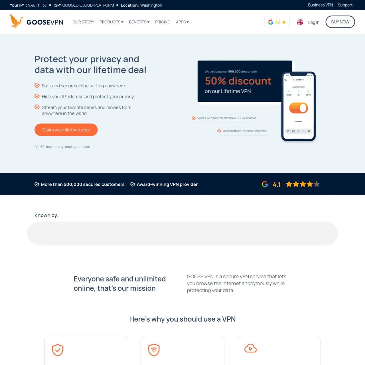 GOOSE VPN は、生涯にわたるオンライン プライバシーとセキュリティを提供します。安全なストリーミングと安全な Web ブラウジングのための IP アドレス保護が含まれています 30 か国のサー