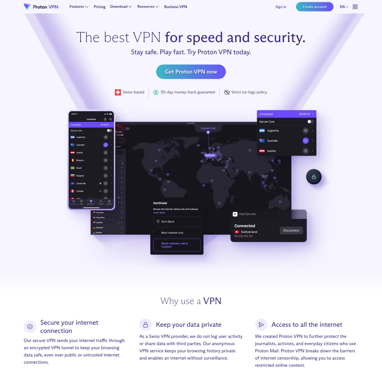 Proton VPN はオンライン メディアのブロックを解除し、高速サーバーによる安全でプライベートなブラウジングを提供します。広告ブロックと IP マスキングにより、ユーザーはワールドクラスのコンテ