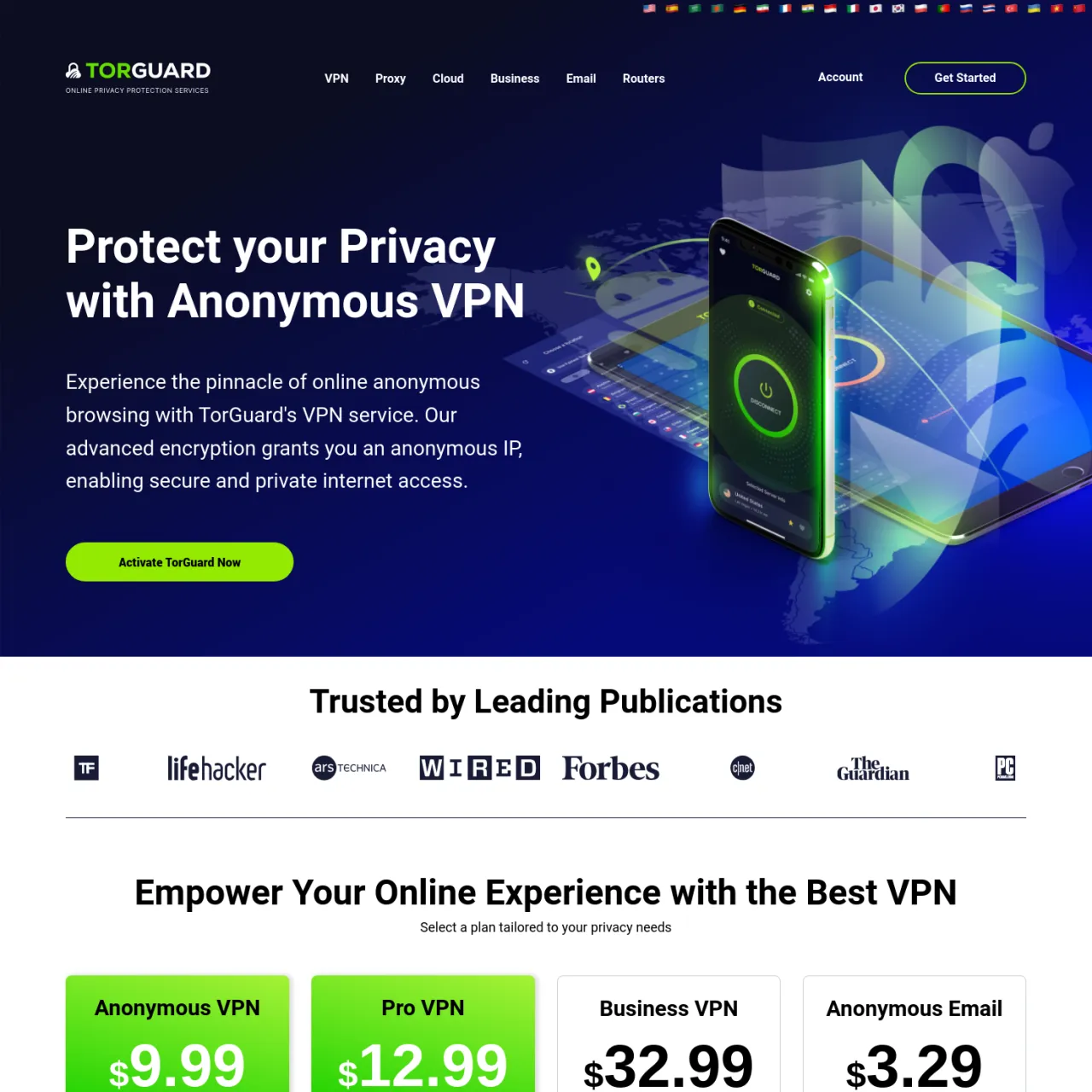 TorGuard は、AES 暗号化などの高度なセキュリティ機能を備えた VPN プロキシおよび電子メール暗号化サービスを提供し、ログを保持しません。年中無休のサポート。プランはプライバシーのニーズに