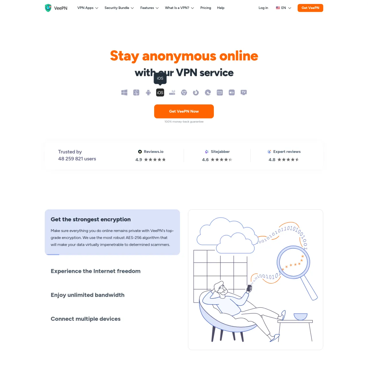 VeePN は、高速で安全な匿名 VPN サービスを提供します。 AES-256 暗号化を使用してユーザー データのプライバシーを保護します。 60 か国に 2,500 を超えるサーバー。無制限の帯域